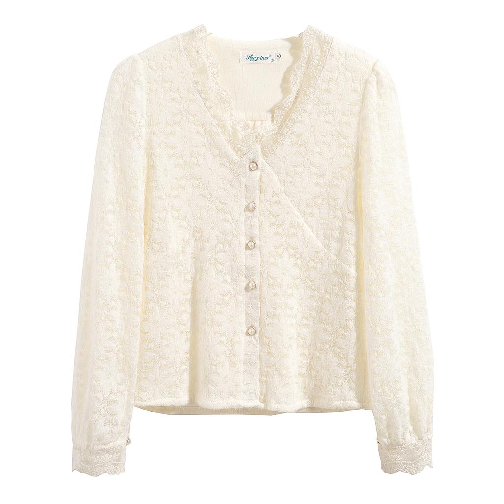 Mode Neu 2024 Herbst Winter Langarm V-Ausschnitt Aprikosenfarben Samt Spitze Bluse Hemd Damen Oberteile Blusen Hemden J768