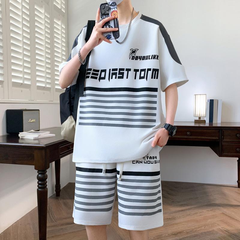 Summer Casual Sports Set Striped Short-sleeved T-shirt Shorts