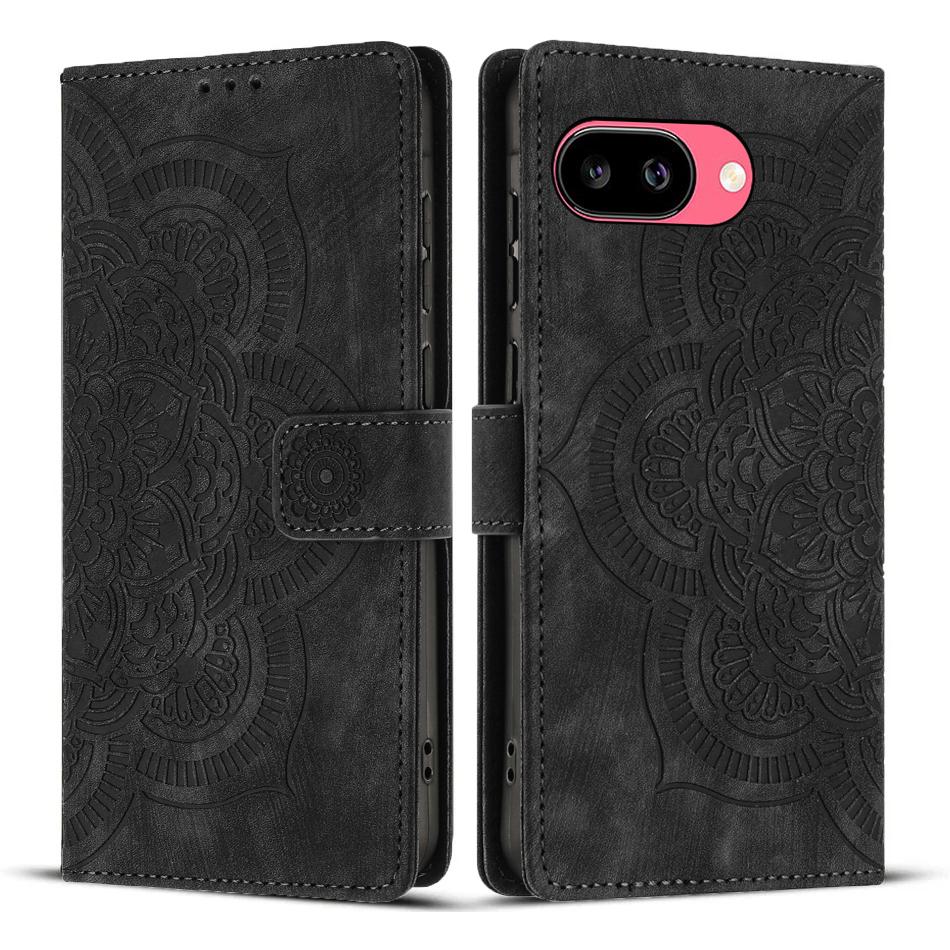 

For Google Pixel 9a Leather Case WANLONFENG HDM Series Mandala Imprint Wallet Stand Phone Cover Black