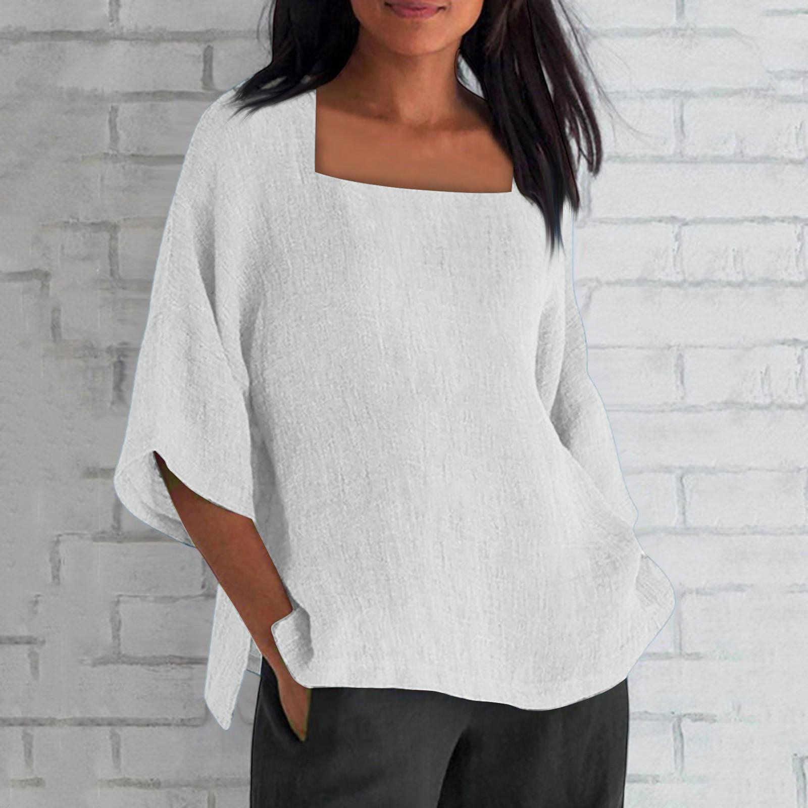 

Женская мода повседневная хлопковая льняная кофта с V-образным вырезом на пуговицах и рукавами-семью точками XL белый