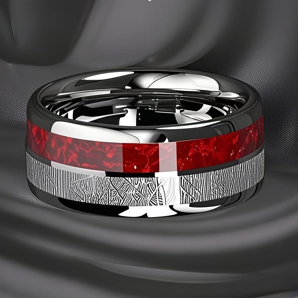 Fashion 8mm Silver Color With Red Opal Meteorite Inlay Rings Men Stainless Steel Ring for Men Women Wedding Party Jewelry