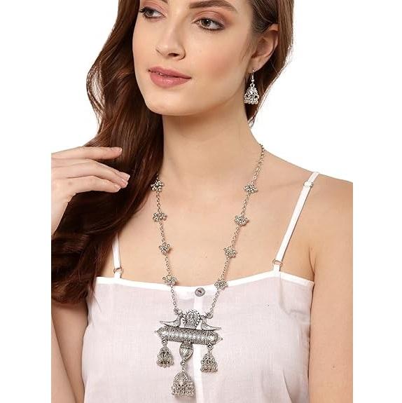 Women's Latest Stylish Design Fancy Oxidised Silver Afghani Chain Pendant Earrings Necklace Jewellery Set