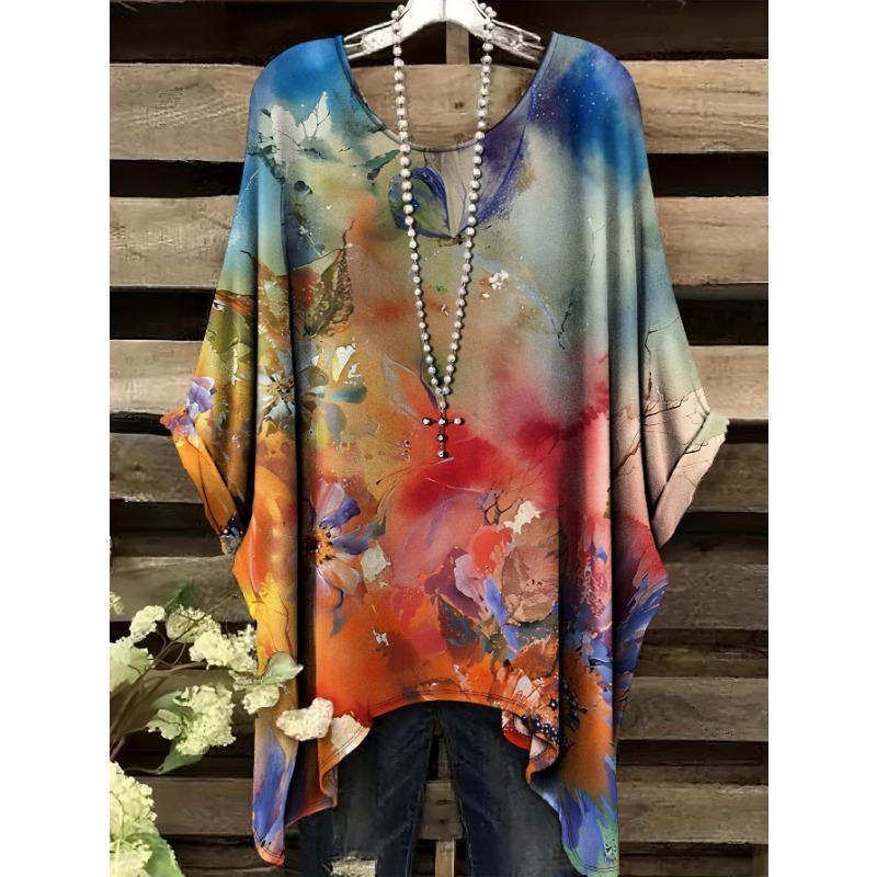 Watercolor Butterfly Pattern Printed Bat Sleeve Round Neck T-Shirt Casual and Comfortable Swallowtail Round Neck Short Sleeve Large Size T-Shirt