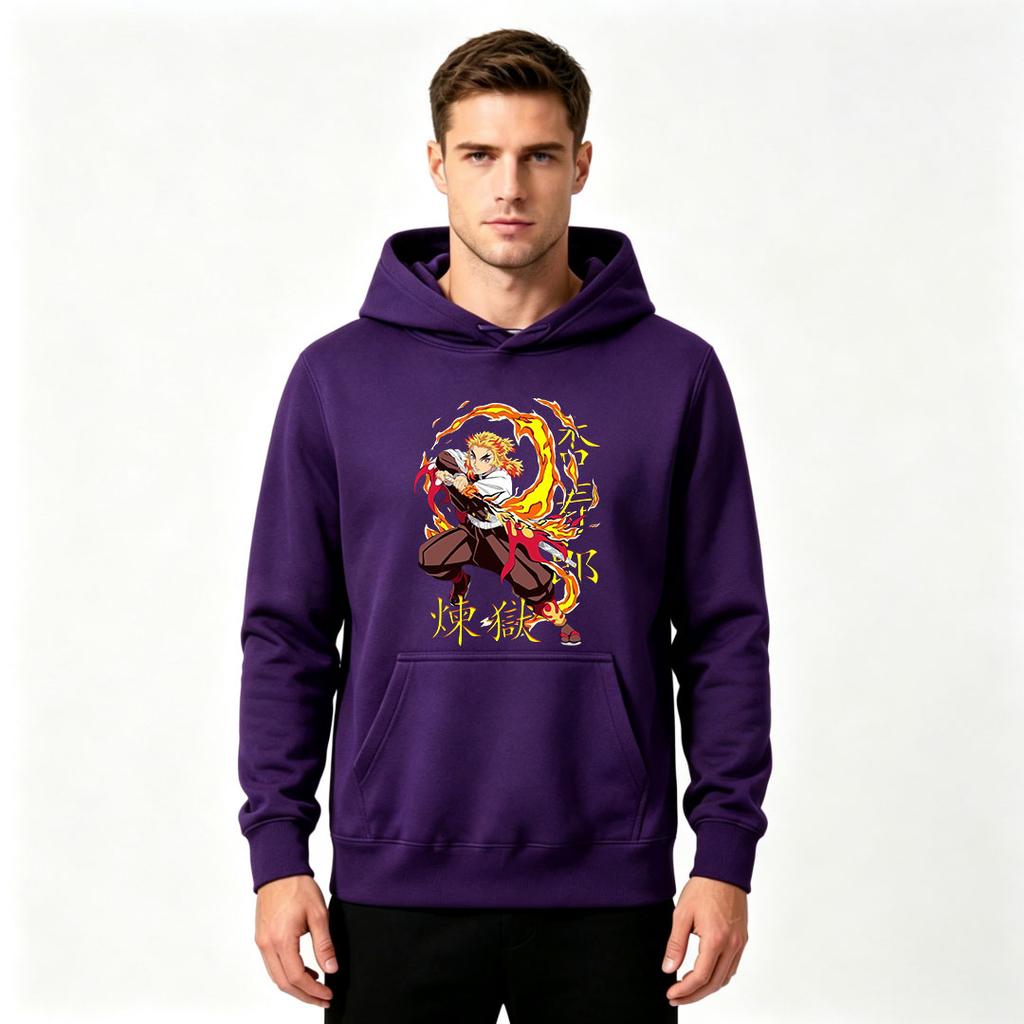 Men's Anime Flame Character Print Pullover Hoodie Casual Long Sleeve Graphic Sweatshirt for Daily Wear