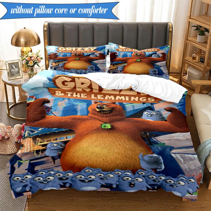 Bear And Blue Critter Adventure 3pcs K-pop music group Bedding set,Ideal for Bedroom, Dormitory,Including Duvet Cover And 2pcs Pillowcases,Fan gifts