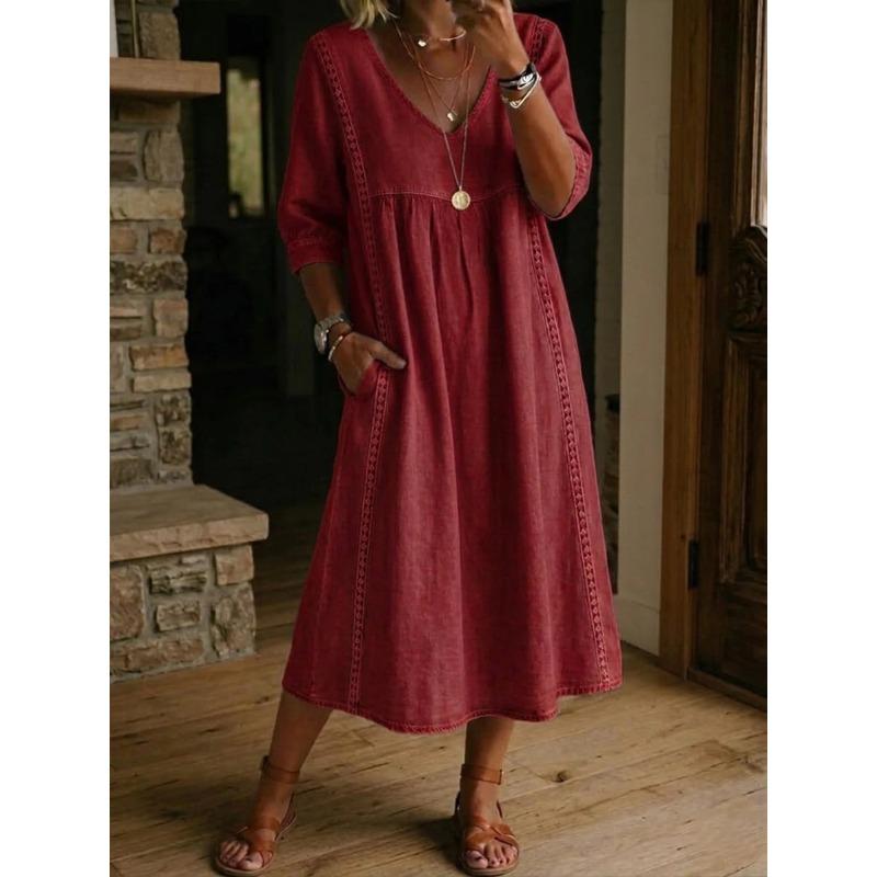 QICED Fashion Summer Spring Solid Color Print V-Neck 1/2 Sleeves Casual Dresses