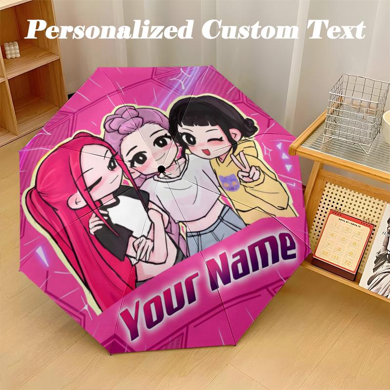 8 Rib Auto Folding Umbrella Kpop Demon Hunters Print Custom Name Text Portable Rain Gear