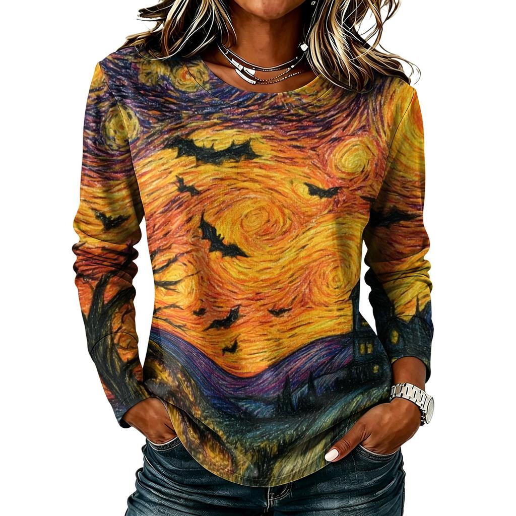 Women's Casual Long Sleeve Halloween Print T-Shirt Round Neck for Fall Parties