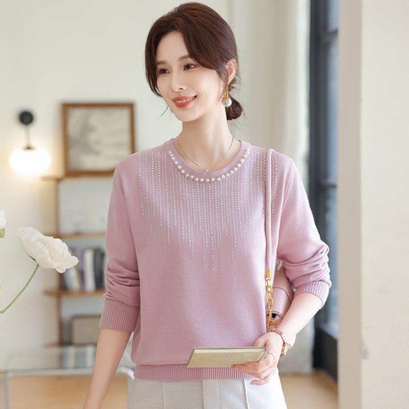 Mom's Spring and Autumn Long Sleeve Beaded Crew Neck Sweater New Small Shirt Middle Elderly Women's Knitted Top