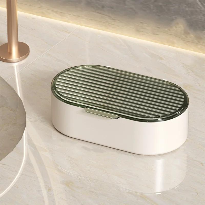 Double Drain Bathroom Countertop Soap Dish with Lid, Plastic Soap Box, Leak-Proof, Keeps Soap Dry, Travel Essentials