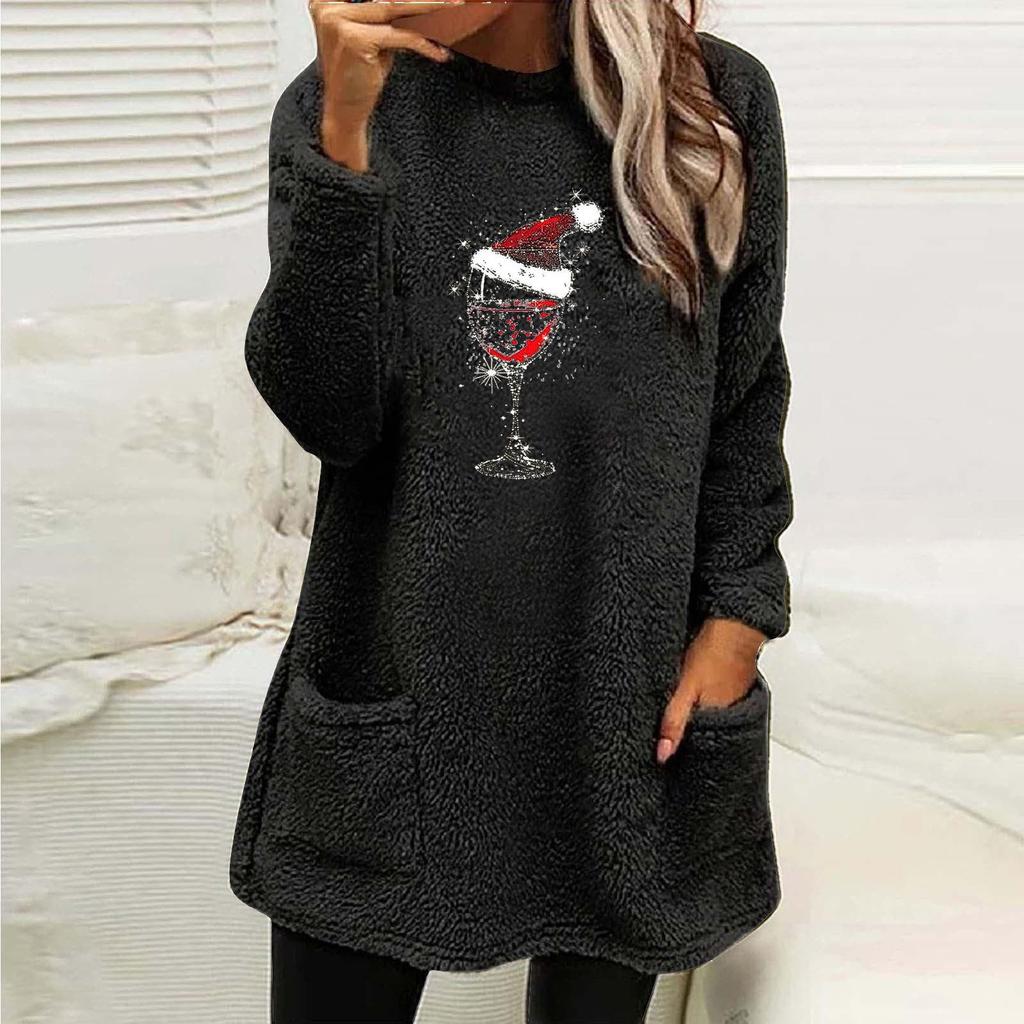 Women's Christmas Red Wine Glass Print Plush Hoodie with Pockets - Round Neck, Long Sleeve, Loose Fit (2024)
