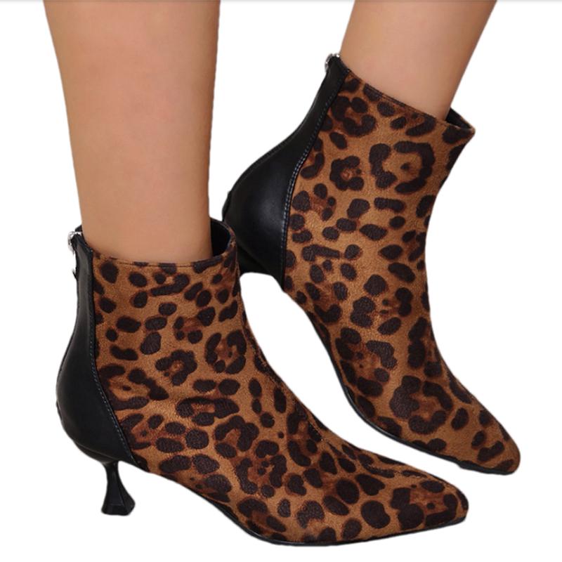 Leopard Women Pointed Toe Ankle Boots Suede Mid Heels Shoes Women 2024 Trend Snow Boots Winter Party Shoes Pumps Mujer Botas