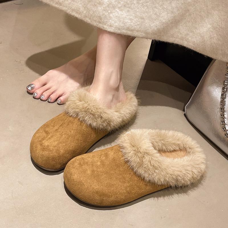 2025 Neue Pelz Damen Hausschuhe Flats Plateau Wildleder Winter Damen Schuhe Designer Leopardenmuster Rundzehen Plüsch Baumwolle Pantoletten