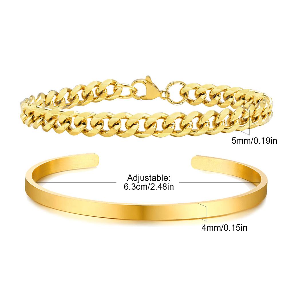 Men's 2pcs Set Simple Fashion Cuban Snake Link Chain Bracelet Stainless Steel Open Cuff Bangle Punk Hip Hop Jewelry Set Gifts