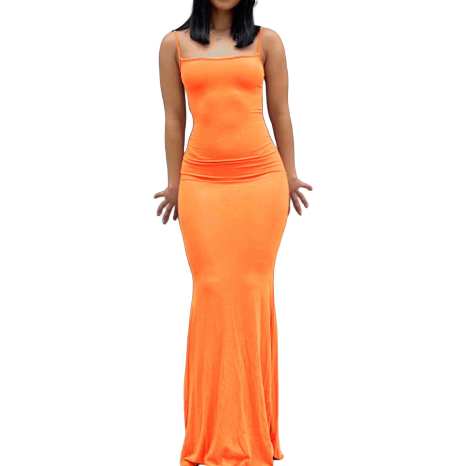 Женское однотонное платье-майка без рукавов на тонких бретельках, длинное облегающее платье, летнее вечернее платье L оранжевый