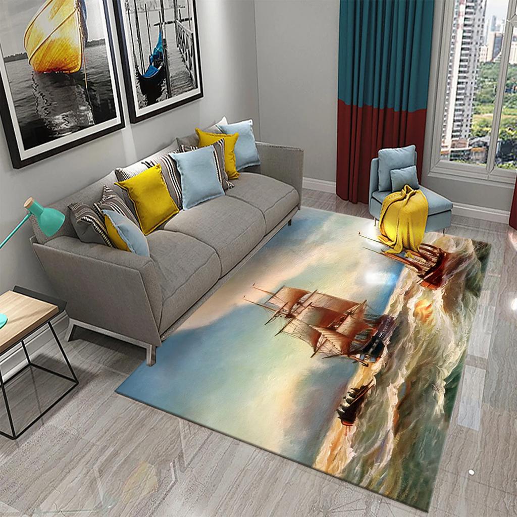 3D Oil Painting Sailboat Carpet Abstract Art Rugs for Living Room Bedroom Decor Mats Bathroom Kitchen Entrance Non-Slip Carpet