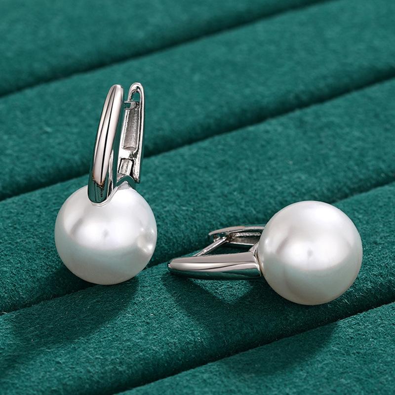 Silver Plated Large Pearl Drop Earrings, Minimalist Leverback Pearl Hoop Earrings for Women