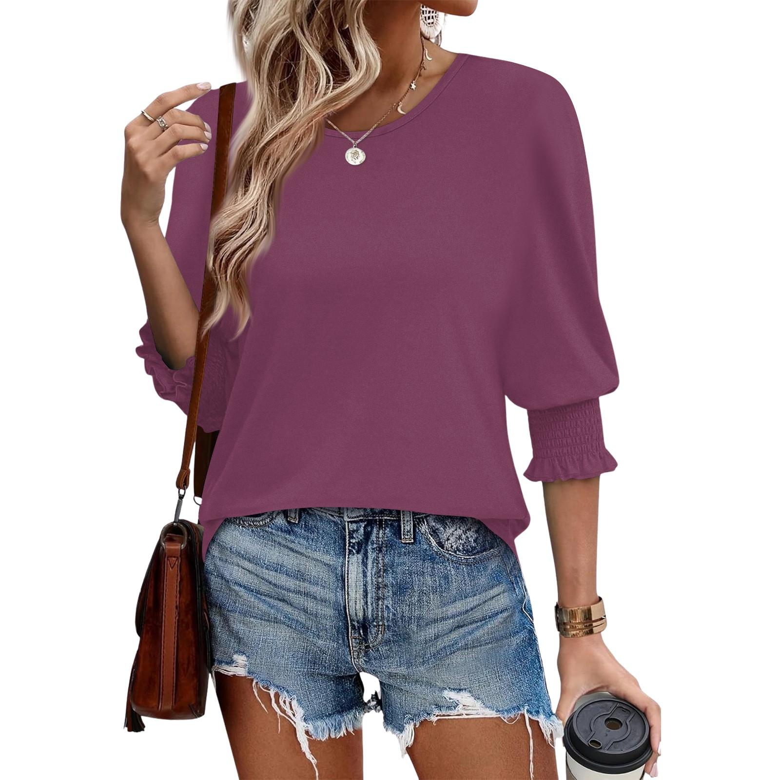 

Женский летний свободный топ большого размера с круглым вырезом, эластичный плиссированный топ со средним рукавом M винный