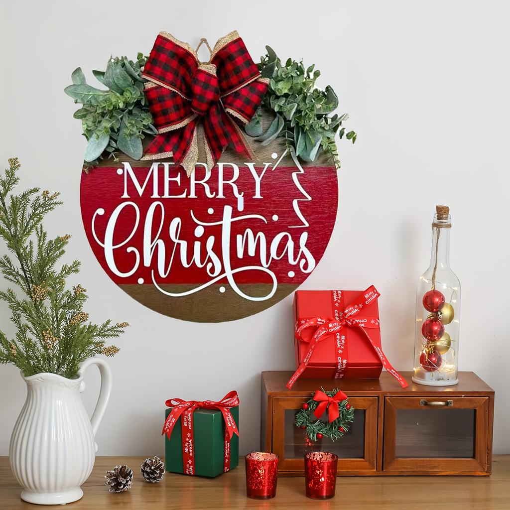 1pc Rustic Wooden Round Door Hanger - Merry Christmas Plaid Bow Sign, Perfect for Farmhouse Home & Porch Decor decoracion
