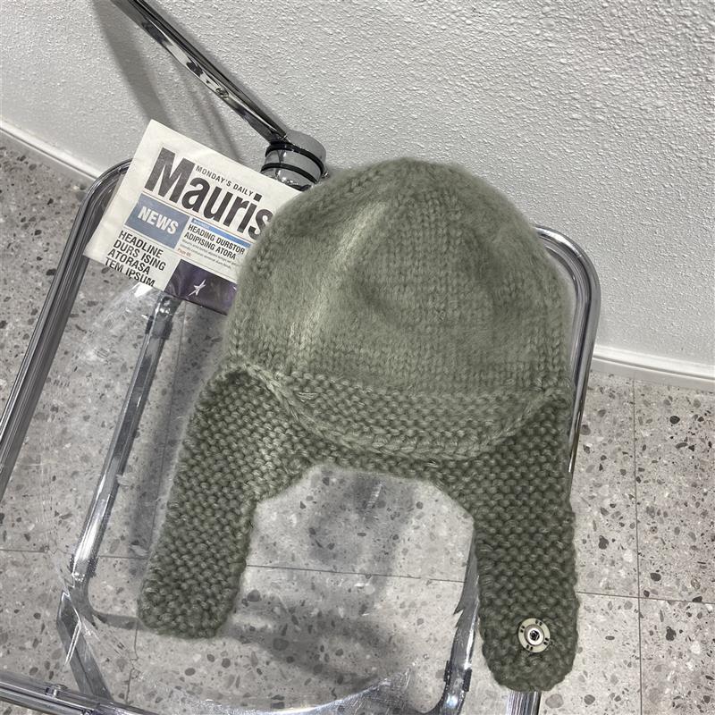 Handmade Crochet Wool Hat for Women Korean Style Ear Protection Scarf Integrated Retro Knitted Head Hat Winter Warm Flying Hat