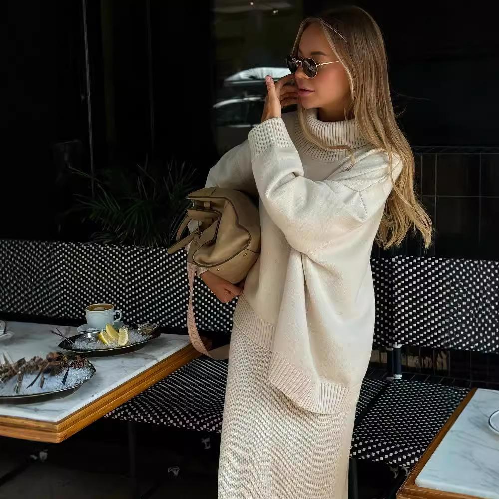 French knitted two-piece set, autumn/winter high neck, long sleeve, lazy drape sweater, straight-leg loose midi skirt for women
