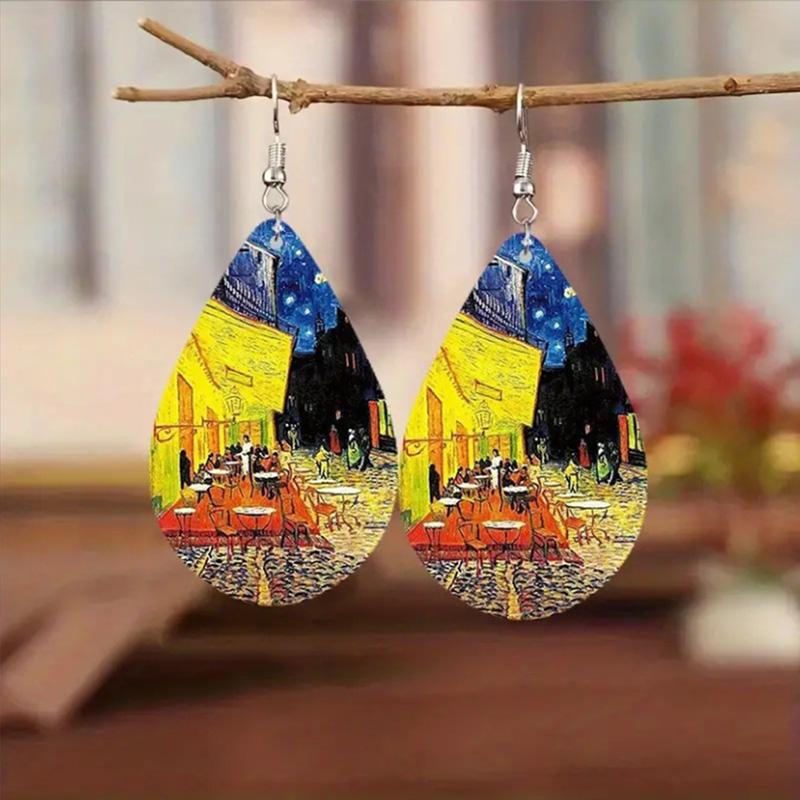 Classic Van Gogh Starry Night Earrings Vintage Tree Of Life Water Drop Leather Earrings For Women