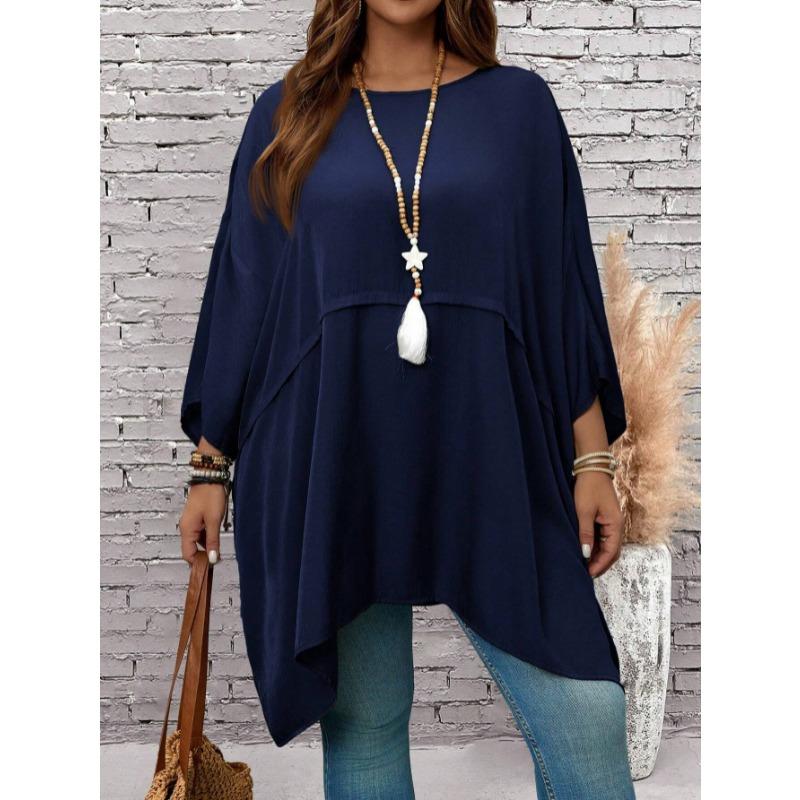 New Large Size Spring/Summer Loose Batman T-shirt Top Round Neck Fashion Casual Blouse Solid Color Irregular Elegant Shirts Loose Simple Long Tops