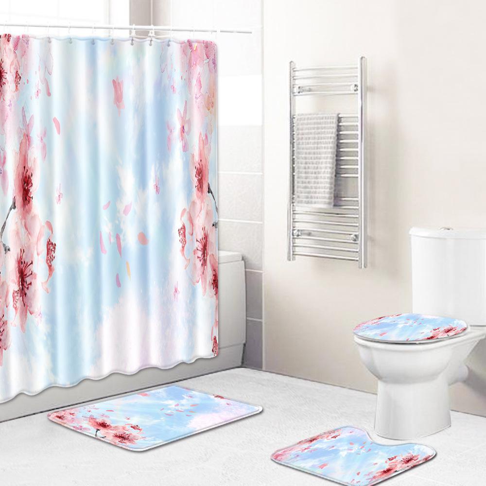 Watercolor Textured Bathroom Shower Curtain Floor Mat Toilet Cover Foot Mat Four-Piece Set
