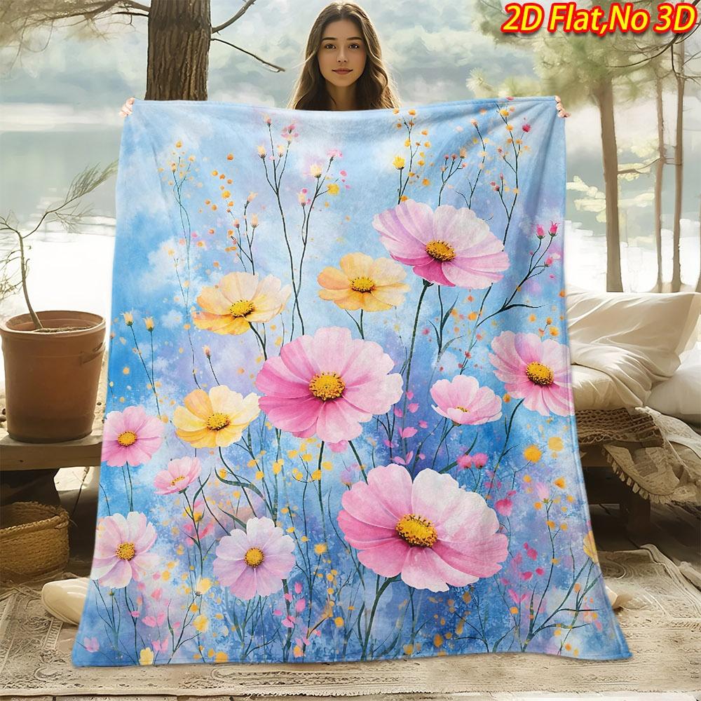 1pc 2D Flat Printing Spring And Summer New Arrival Dreamy Pink Yellow Floral Pattern Digital Print Blanket, Throw, Soft And Comfortable 100% Fiber, Al