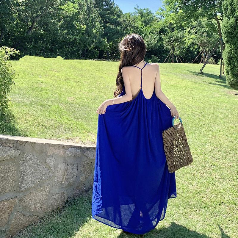 

Seaside Vacation Is Very Good-looking Blue Neck Sling Dress, Female Sexy Backless White Film Dress S