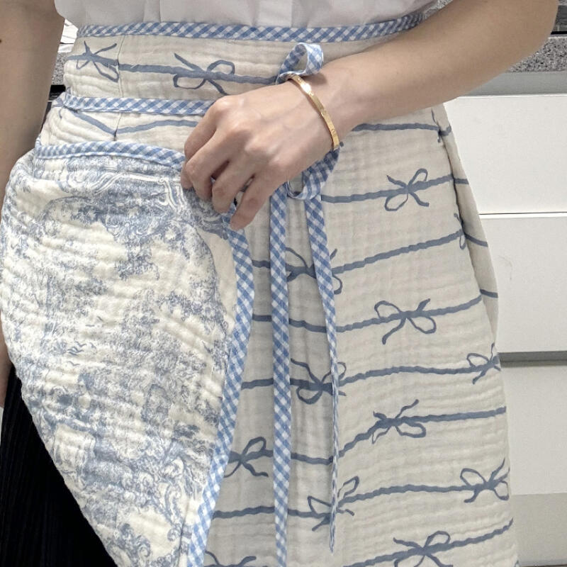 French Ribbon Double-Sided 4-Ply Gauze Reversible Handkerchief Waist Apron Blue
