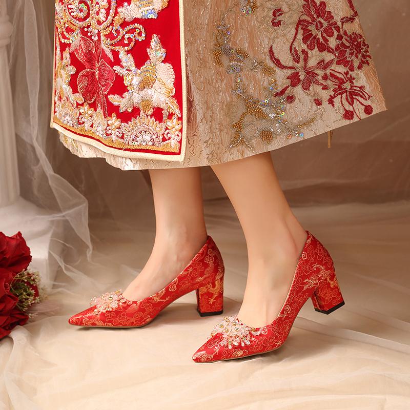 Chinese Soft Sole Wedding Shoes Bridal Shoes High Heels Women's Single Shoes