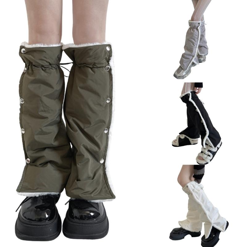 Women's Slouchy Leg Warmers with Side Split Buttons Solid Color Fleece Lined Drawstring Leg Covers Footless Long Socks