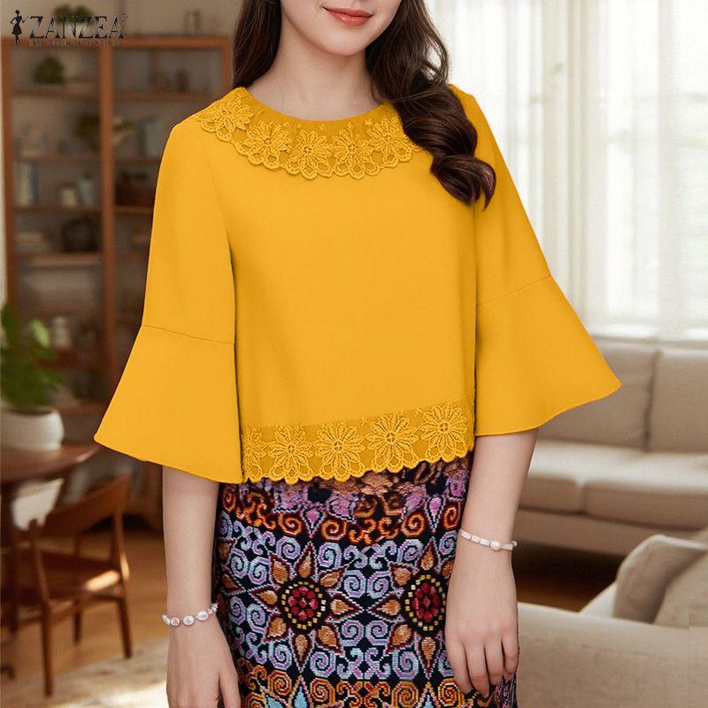 

ZANZEA Women Casual Lace Patchwork Round Neck Flare Sleeve Blouse 5XL жёлтый