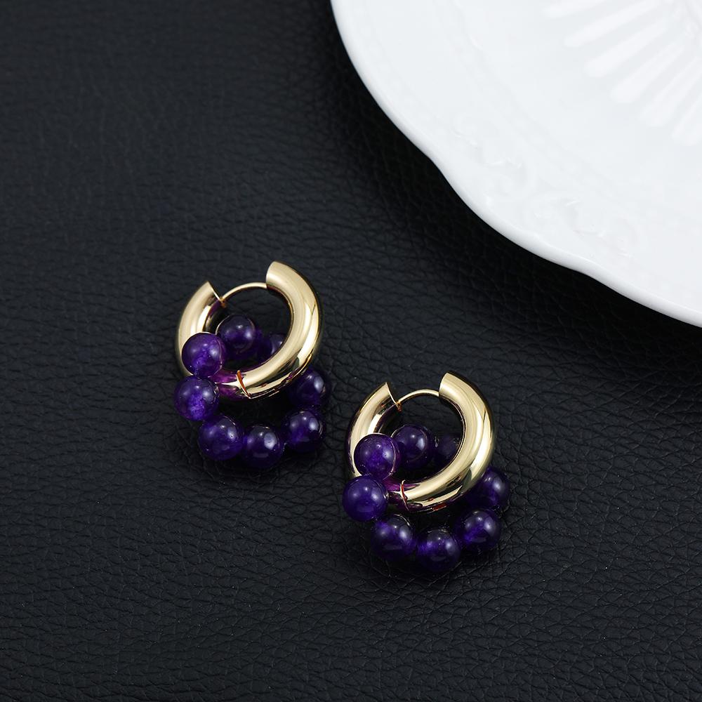 

New Handmade Natural Stone Beads Circle Earrings Stainless Steel Thick Hoops Huggies Earring Female Vintage Zircon Party Gift