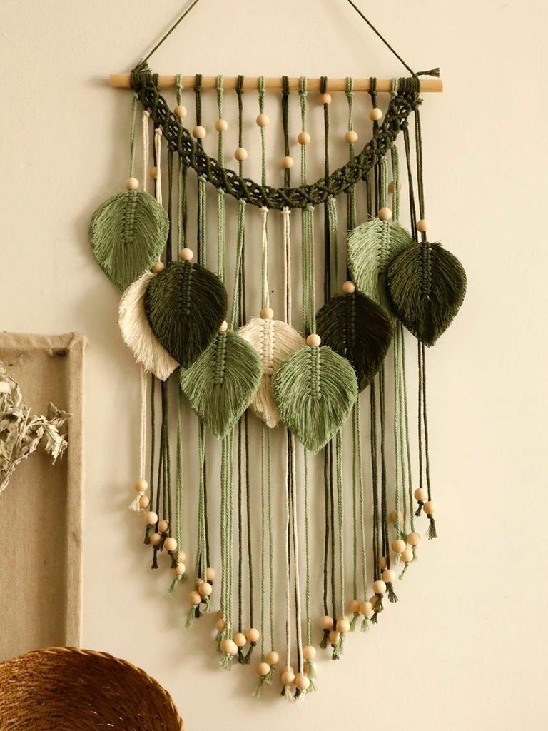 Green Leaf Wall Hanging Tapestry Art Boho Woven Macrame Wall Decor Cotton Tapestries Crafts Bedroom Living Room Home Decorations