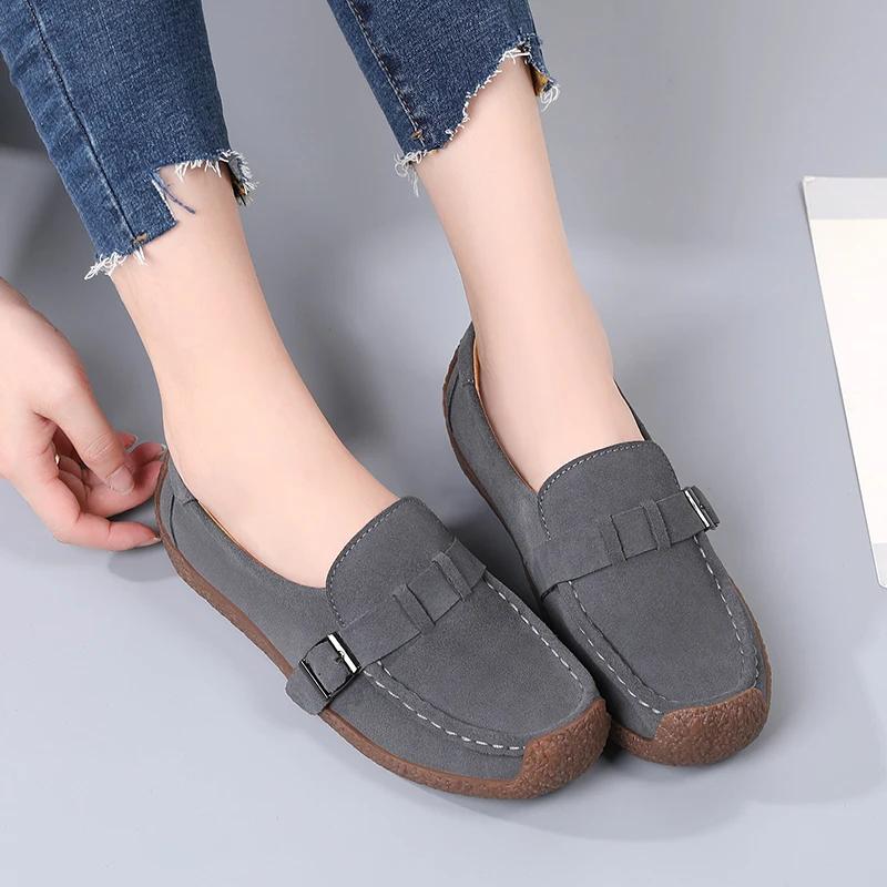 British Style Slip-On Comfortable Moccasins Ladies Non-Slip Mother Walking Shoes Spring Cow Suede Lightweight Casual Shoes Women