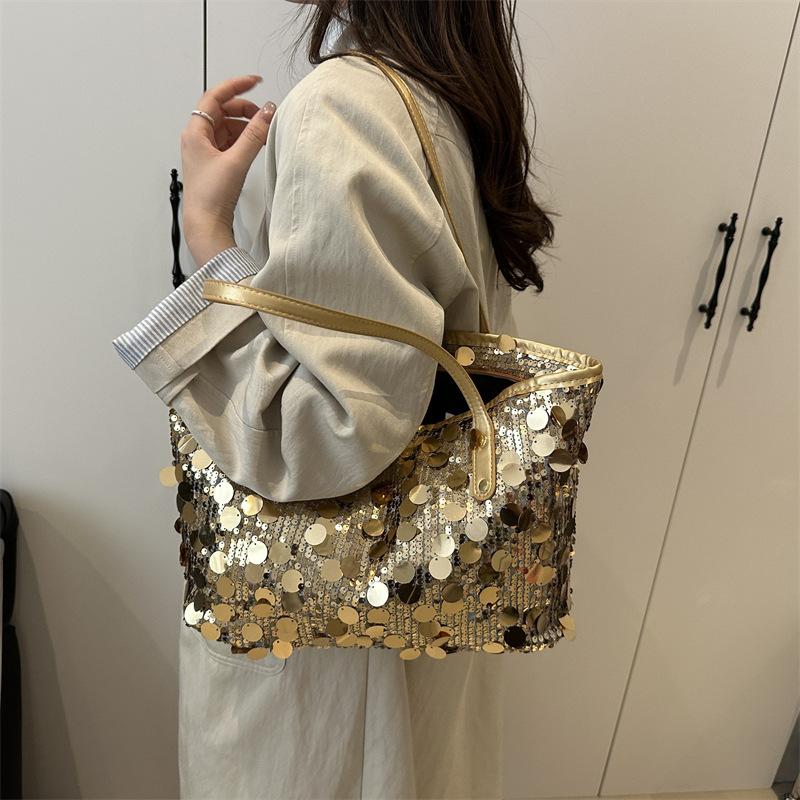 Modische paillettenbesetzte Tasche Damen 2025 neuer Nischen-Trend Eimer-Schultertasche Pendler vielseitig große Kapazität Tragetasche