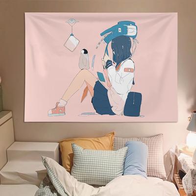 Japanese Style Cute Girl Illustration Tapestry Decorative Wall Art for Bedroom Dormitory Headboard Creative Living Room Decor