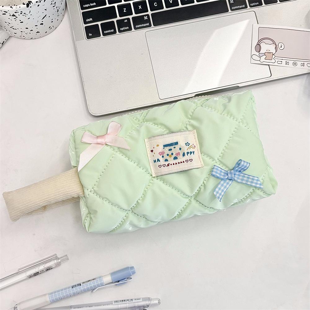 Ins Korean Style Large Capacity Cosmetic Bags Glossy Bow Cute Makeup Bag for Girls Students Tote Waterproof Pencil Case