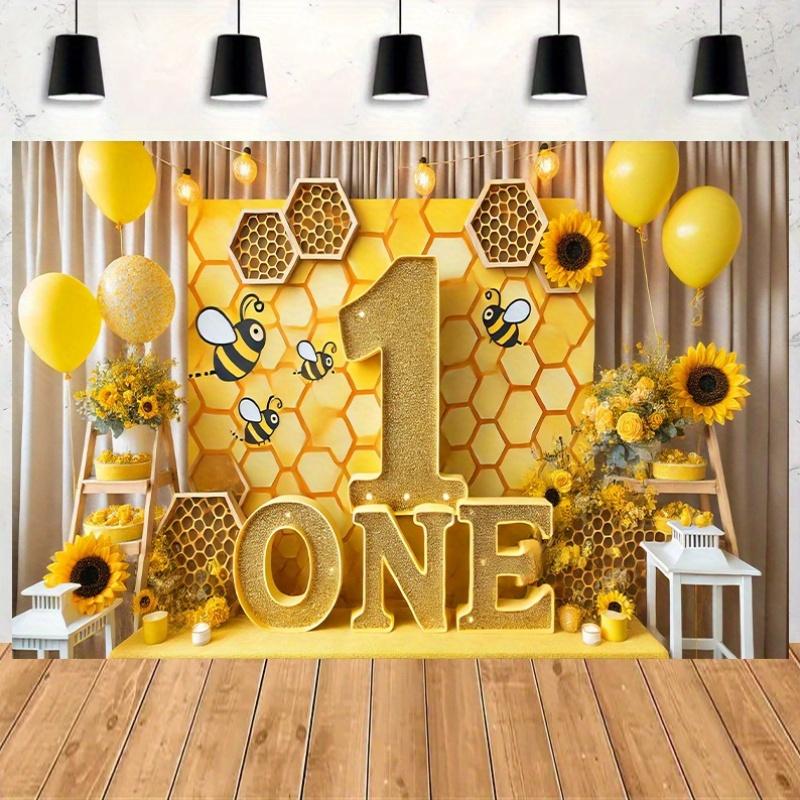 1pz Sfondo Festa di Compleanno Ape e Girasole - "1" Dorato con api e fiori per giardino di casa e celebrazioni di anniversario
