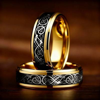 Celtic Black Carbon Fiber Rings, Fashion Gold Color Men Stainless Steel Dragon Rings, Men Wedding Band Jewelry