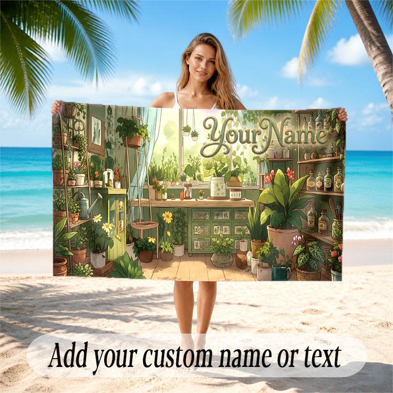 Floral Garden Theme Soft Beach Towel Personalized Custom Name Text Towel Portable for Beach Pool Travel