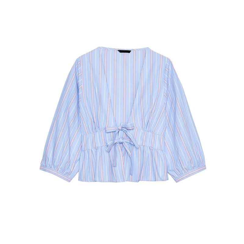 

Za Cotton Bowknot Decoration Stripes V Neck Short Shirt 3710338 Poplin Mid-Waist Stripes Stripes Pants 3687338 Blue Tops XS