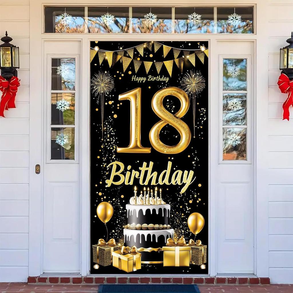 18th Birthday Door Cover Decoration 71 x 35 Inch Black and Gold Cake Banner with Balloons and Gifts for Eighteenth Birthday Party Supplies Happy 18
