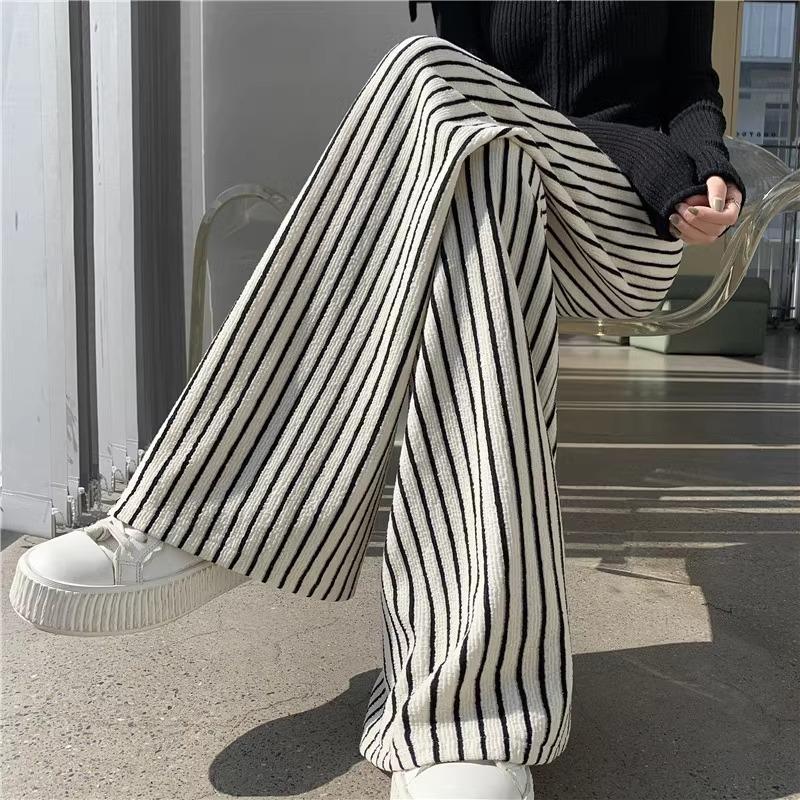 Texture soft waxy towel pants women's spring new black and white striped pants women's lazy wind loose and drape wide-leg pants