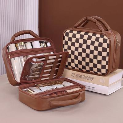 Luxuriöse karierte Kosmetiktasche für Damen, große Kapazität, wasserdicht, Make-up-Kulturbeutel, braun, Melard, Reise-Wasch-Aufbewahrungstasche