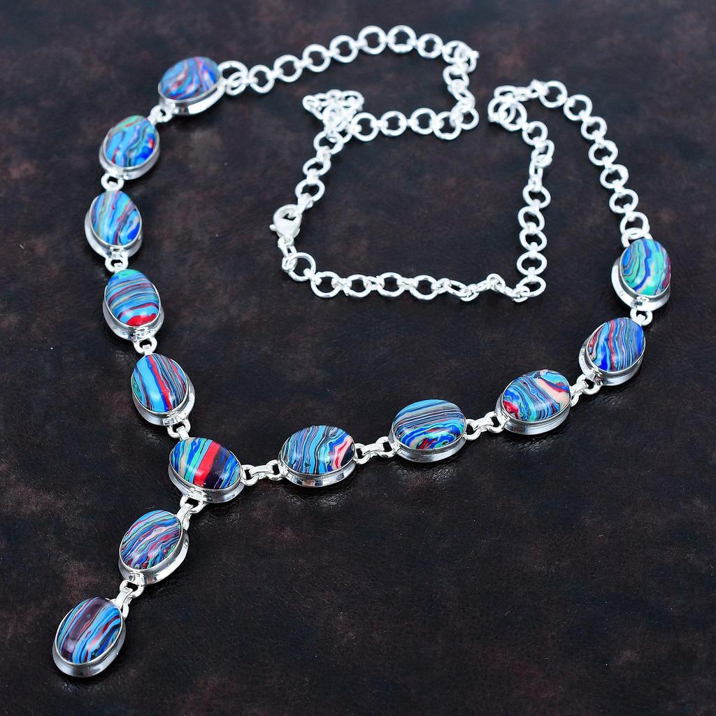 Rainbow Calsilica Necklace Gemstone Necklace Antique Jewelry 925 Sterling Silver Necklace Handmade Adjustable Chain Necklace Gifts for Women
