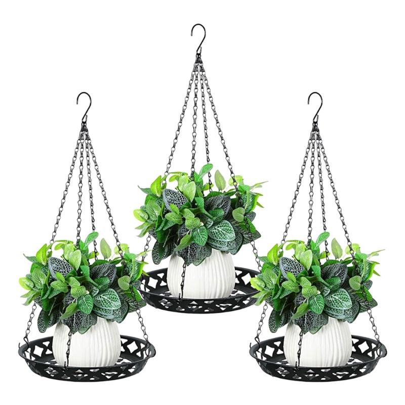 Round Hanging Flower Basket with Top Hook and Black Frame, Indoor Balcony Window Holder for Home Plant Pot Display