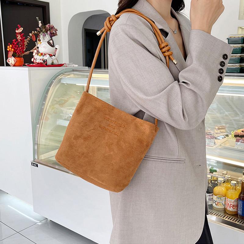 Large Capacity Women's Suede Handbag with Letter Pattern Magnetic Buckle Velvet PU Underarm Bag Retro Korean Style